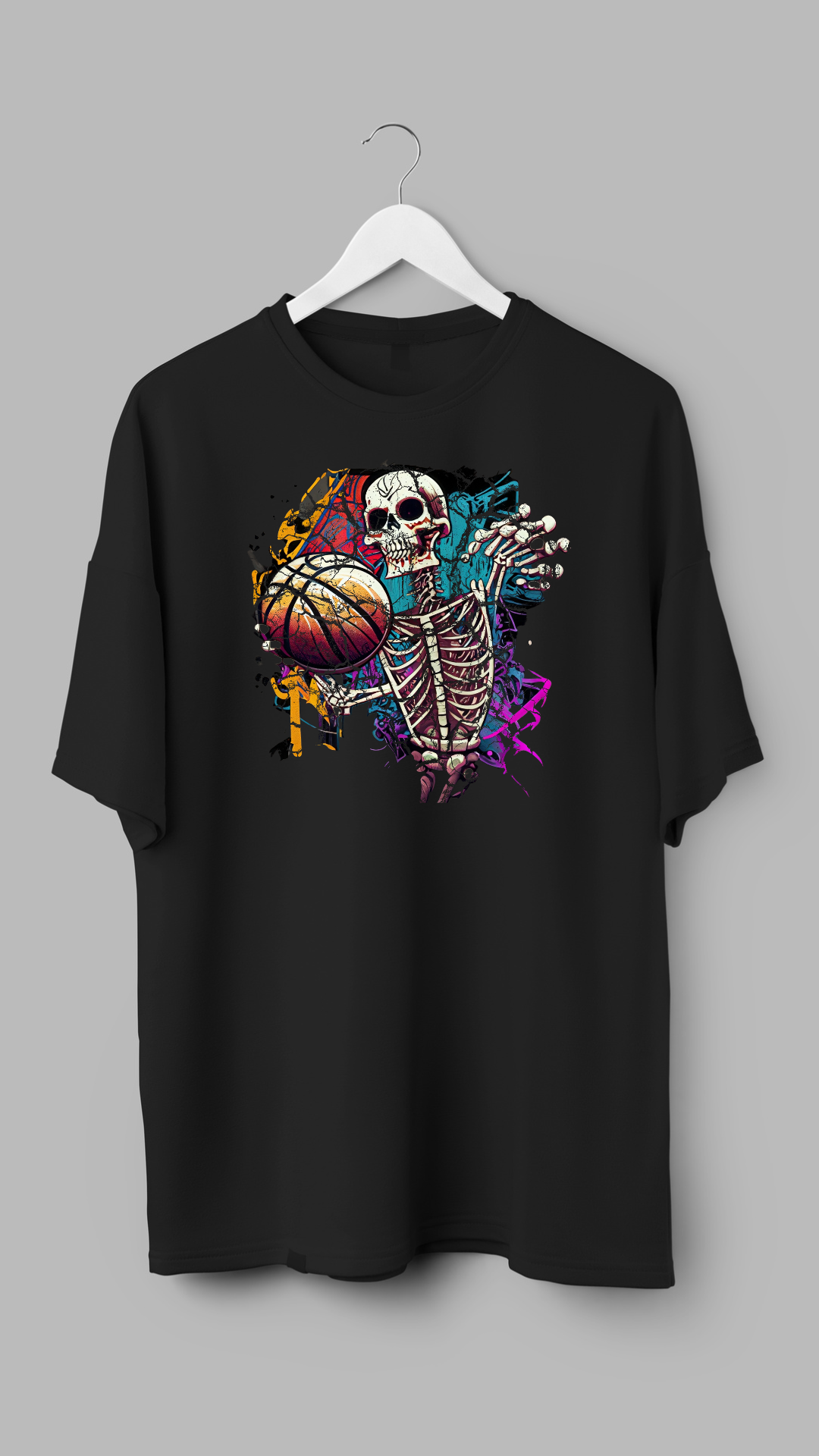 "Skeleton Slam Dunk: High-Impact Graphic Tee by RJMK Clothing"