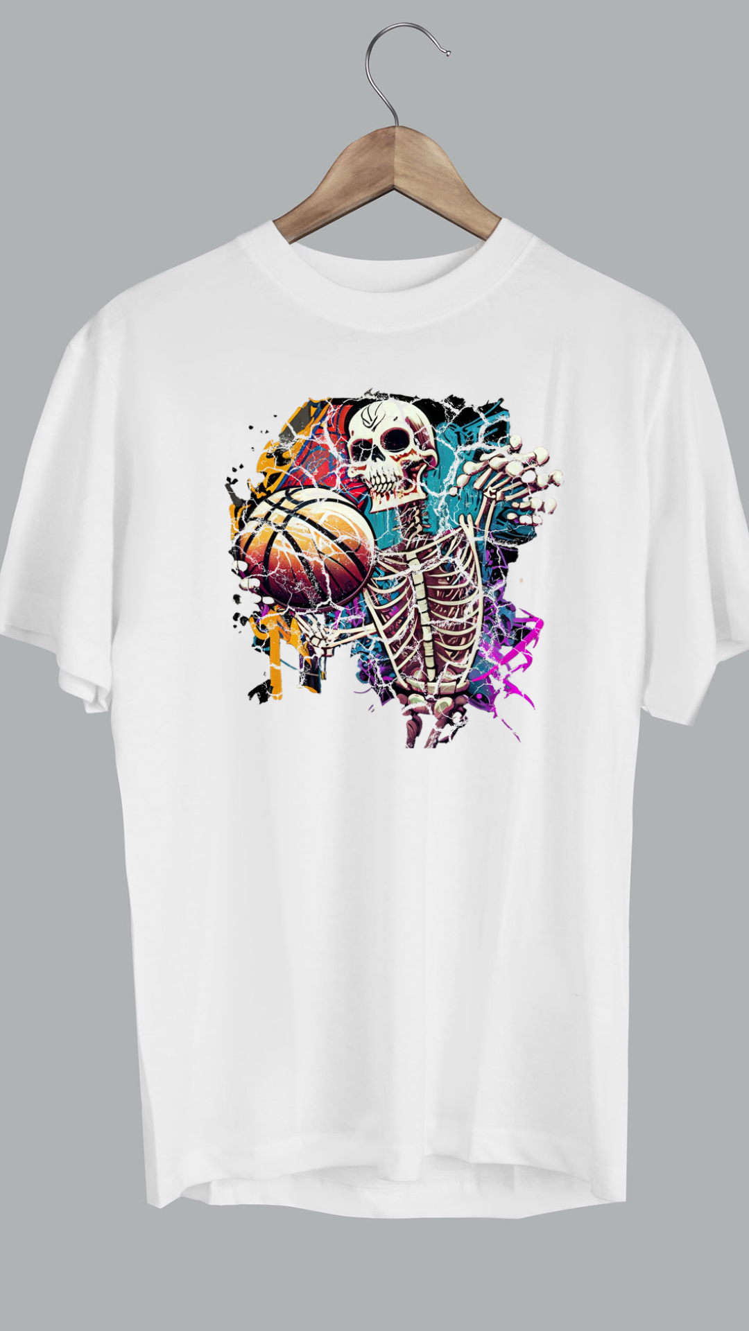 "Skeleton Slam Dunk: High-Impact Graphic Tee by RJMK Clothing"