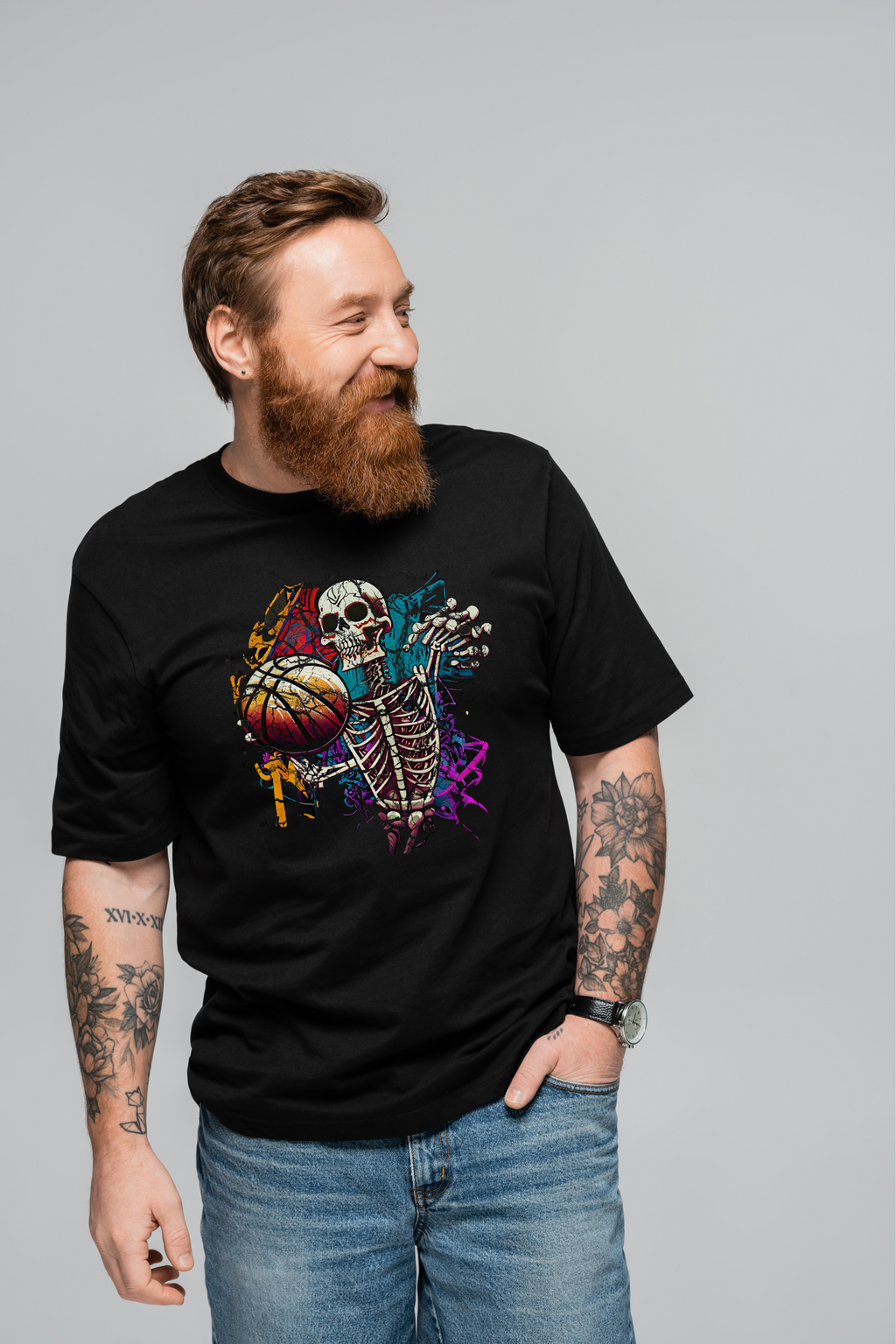 "Skeleton Slam Dunk: High-Impact Graphic Tee by RJMK Clothing"