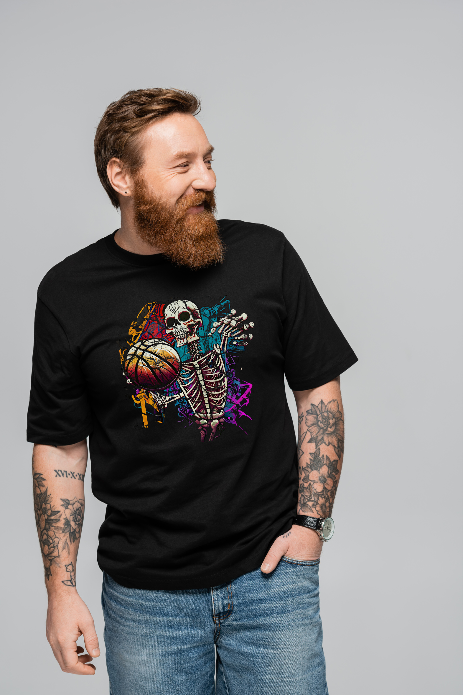 "Skeleton Slam Dunk: High-Impact Graphic Tee by RJMK Clothing"