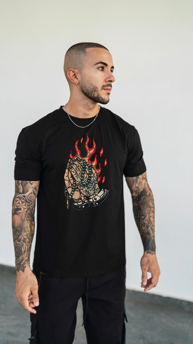 Praying Flames Tattoo - Mens Graphic Tee - RJMK Clothing