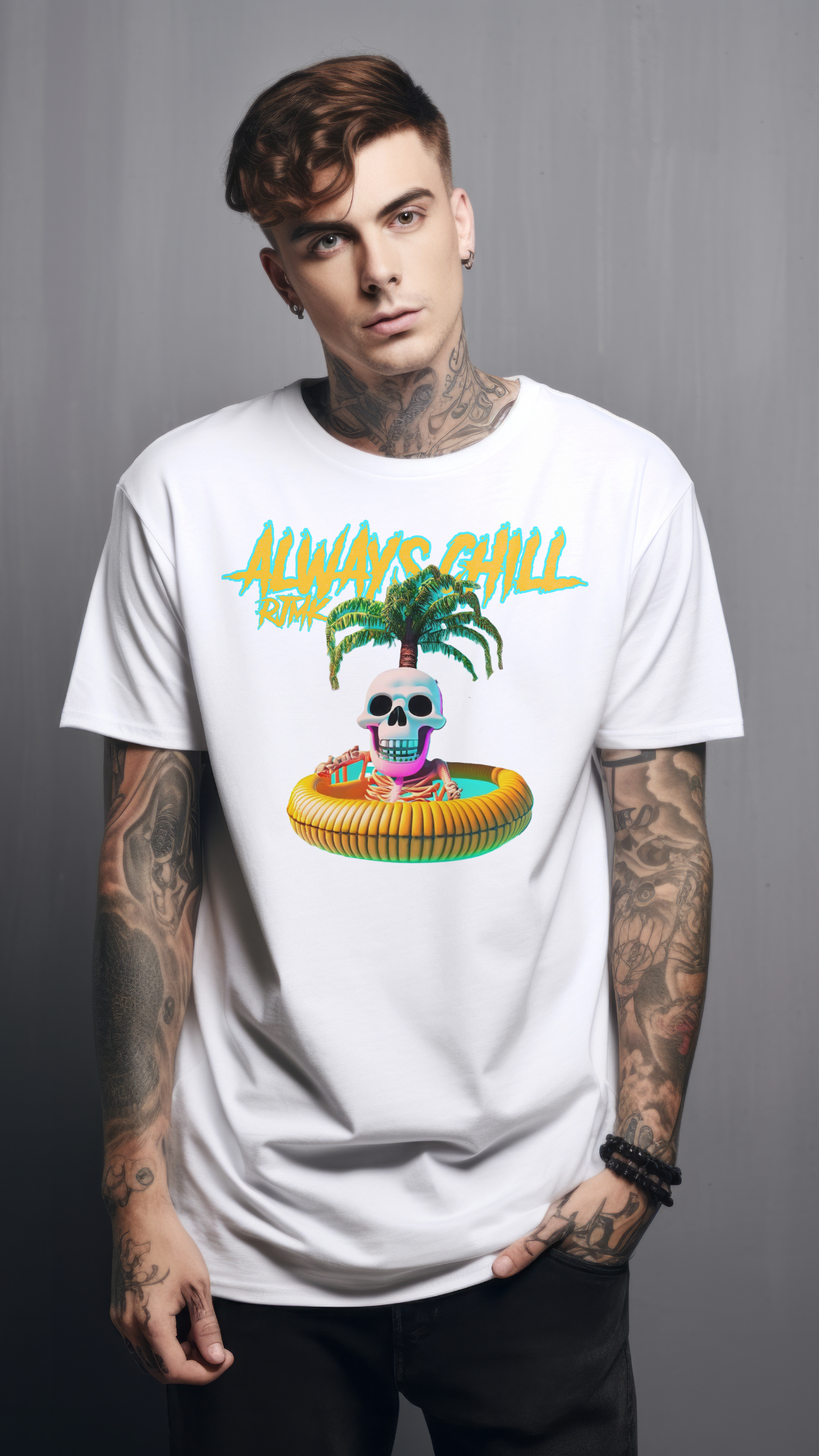 "Skeleton Oasis" Casual Tee by RJMK Clothing – Surf the Eternal Wave